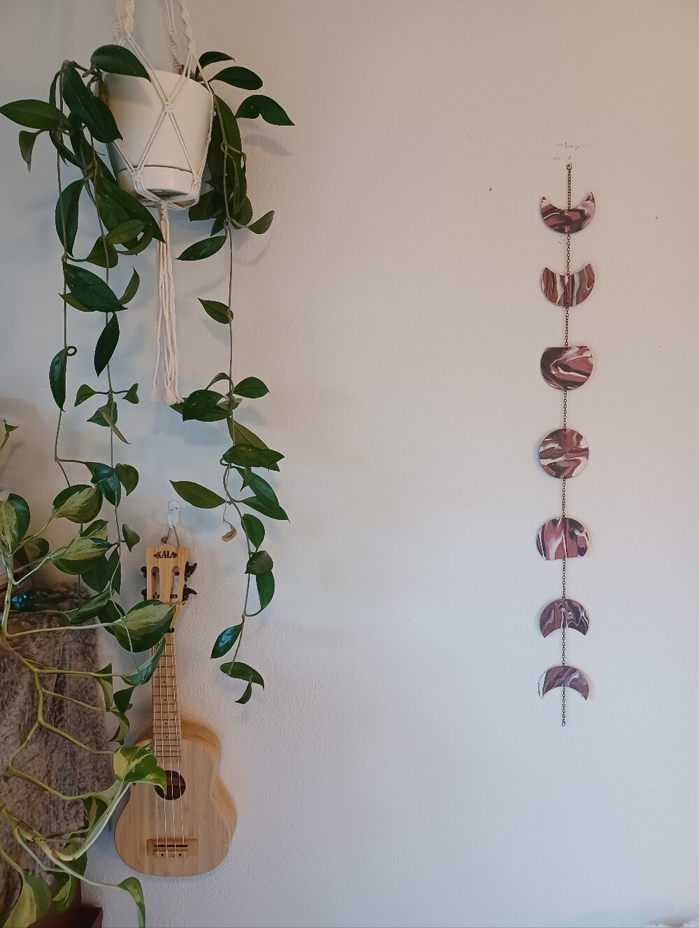 Handmade Marbled Black And Muted Burgundy Moon Phase Wall Hanging
